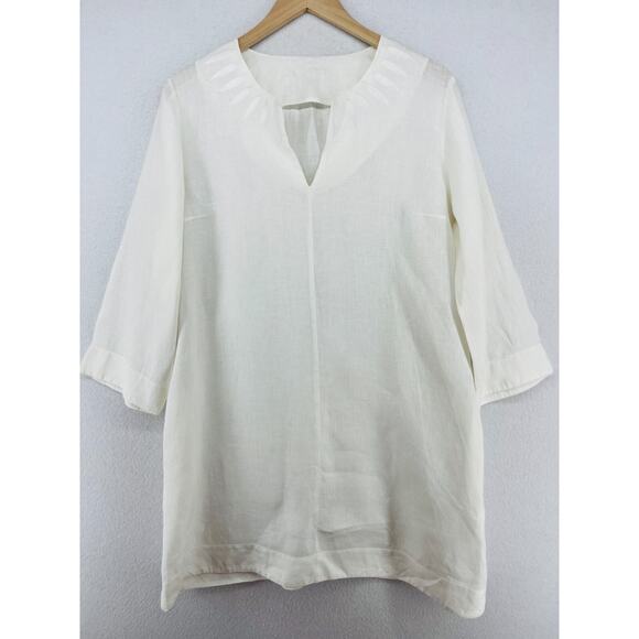 DKNY TUNIC Dress Womens L DONNA KARAN Linen Split V-Neck Fish Embroidered White - Picture 1 of 16